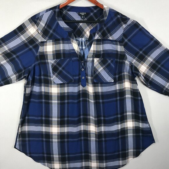 Torrid Harper Blouse Women's 2 Blue Plaid Pullover Tunic Top 3/4 Sleeve Roll Tab - Picture 10 of 15